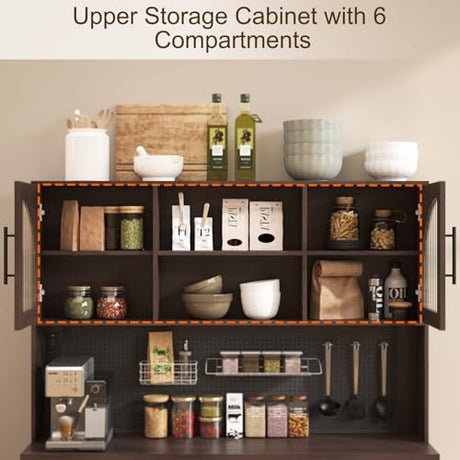 71" Pantry Cabinet, 54" Wide Kitchen Cabinet with Charging Station, Kitchen Hutch Storage with Pegboard and LED Light, Large Pantry Cabinets with Adjustable Shelves & Wine Rack for Dining Room, Brown SOLACE FURNITURE