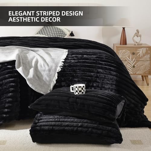 Smoofy Fluffy King Size Comforter Set 3 Pieces - Black Fleece Fluffy Comforter Set, Luxury Fuzzy King Bedding Set, Soft King Bed Set All Season, Heavy Faux Fur Comforter with 2 Pillow Cases Smoofy