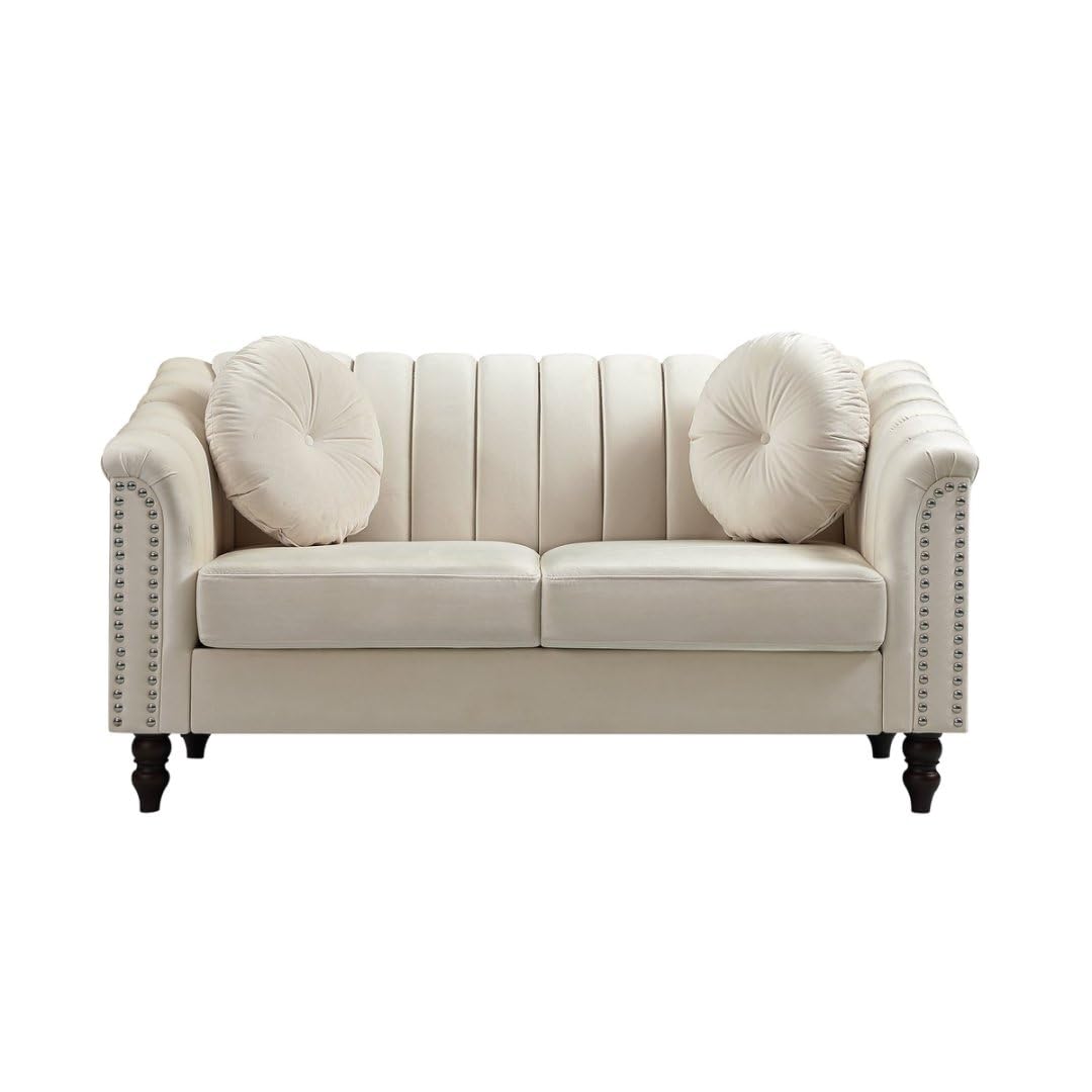 UOCFYK 60" Loveseat Sofa, Microfiber Chesterfield Upholstered Sofas Love Seat, Couch Chair Sets with Style Button Tufted, Scroll Arms and Nailhead for Living Room, Office, White UOCFYK