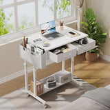 WINAZ Small White Portable Adjustable Rolling Kids Desk with Drawers & Storage Shelf, 32 Inch Mobile Standing Vanity Desks with Wheels, Couch Sofa Side Laptop Craft Table for Bedroom Home Office WINAZ