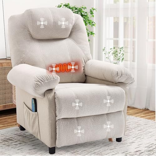 KCREAM Overstuffed Push Back Recliner Chair for Living Room, Mid Century Fabric Heated Massaging Reclining Chair Small Manual Recliner Chair with Heat and Massage, White