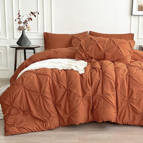 Maple&Stone Full Size Comforter Sets, 7 Pieces Bedding Sets Full, Pintuck Bed in a Bag Bed Set with Comforter, Sheets, Pillowcases & Shams - Burnt Orange Maple&Stone