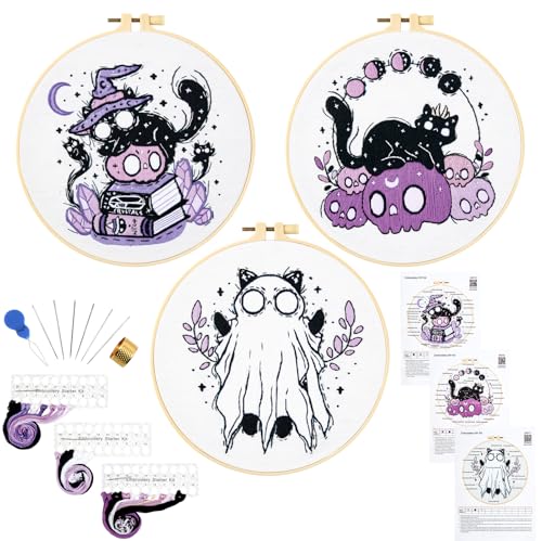 Crafmanoe Halloween Embroidery Kit for Beginners Adults, Skull Cat Stamped Cross Stitch Kit for Adult Beginner, Gothic Ghost Hand Embroidery Needlepoint Kits, 3 Set Embroidery Hoops and Video Tutorial