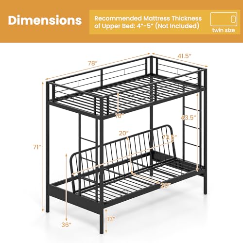 MAT EXPERT Futon Bunk Bed, Metal Bunk Bed Twin Over Twin with Futon & 10” Full Length Guardrails, Double Integrated Ladders, Convertible Loft Bed with Couch for Kids, Teens, Adults, Black MAT EXPERT