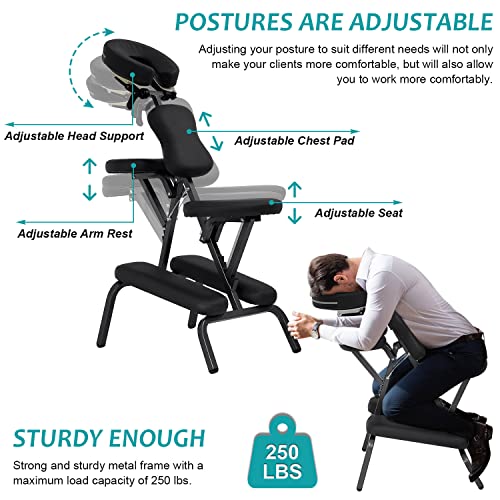 Pazidom Portable Massage Chair - Tattoo Chair with 4 Inch Thick Sponge, Height Adjustable, Light Weight, Foldable Spa Chair w/Face Cradle & Carrying Bag, Load Capacity 250LBS, Black Pazidom