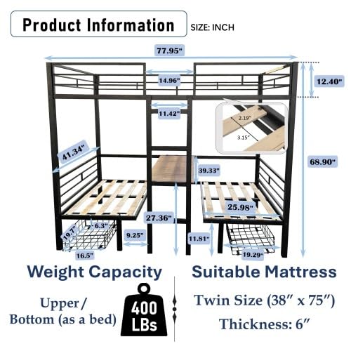 UOCFYK Twin Size Loft Bed with with Desk, Convertible Bunk Bed Frame for Kids Bedroom w/Wood Slats Support & Guardrail & Ladders & Drawers, No Box Spring Needed, Black (Cushion not Included)