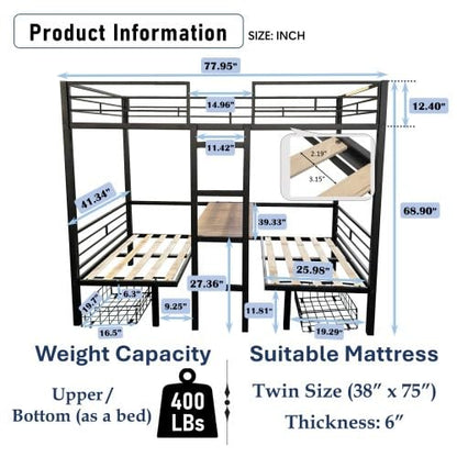 UOCFYK Twin Size Loft Bed with with Desk, Convertible Bunk Bed Frame for Kids Bedroom w/Wood Slats Support & Guardrail & Ladders & Drawers, No Box Spring Needed, Black (Cushion not Included)