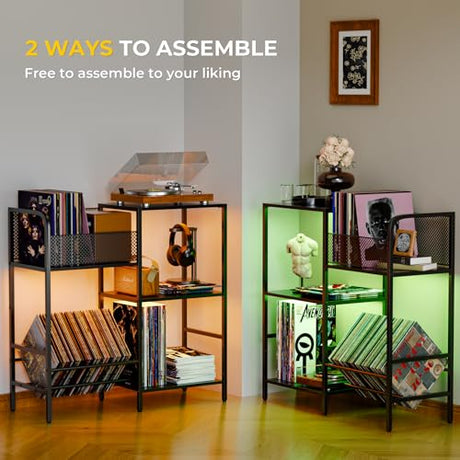 Record Player Stand with LED Light, Turntable Stand with Vinyl Storage - Up to 300+ Albums, 3-Tier Record Player Table Cabinet, Adjustable Shelf & V-Shaped Holder, Vinyl Display Shelf for Living Room Nidouillet