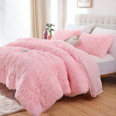 Smoofy Fluffy Queen Comforter Set, Faux Fur Pink Comforter Set Queen Size, Luxury Fuzzy Bedding Set, Soft Shaggy Bed Set Pink for All Season, 3 Pieces - 1 Comforter & 2 Pillowcases