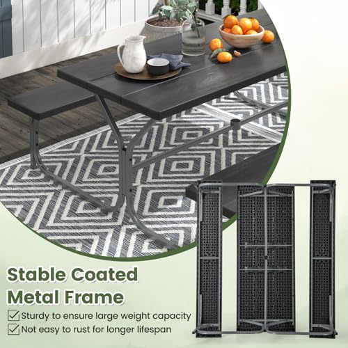 Giantex Picnic Table 6FT for 8 Person, Outdoor Table Set w/ 2 Benches, All-Weather HDPE Rectangular Tabletop, Heavy Duty Metal Legs, Umbrella Hole, for Patio Yard Lawn Party (Black) Giantex