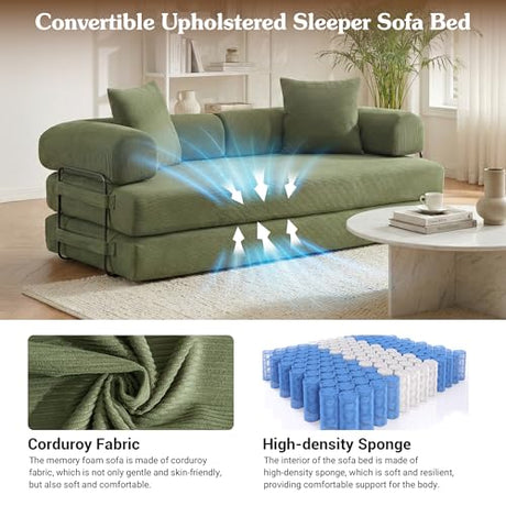 MAKIAAP 78.5'' Convertible Folding Sofa Bed, 5-in-1 Modular Floor Couch, Corduroy Small Cloud Couch, Compressed Foldable Sleeper Sofa, King Size Futon for Bedroom, Guest Room (Green) MAKIAAP