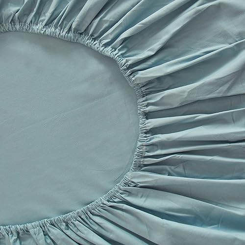 VM VOUGEMARKET Foggy Blue Twin Fitted Sheet 1 Piece,100% Cotton Blue Single Bottom Sheet with 15" Deep Pocket,Comfortable and Breathable Mattress Cover VM VOUGEMARKET