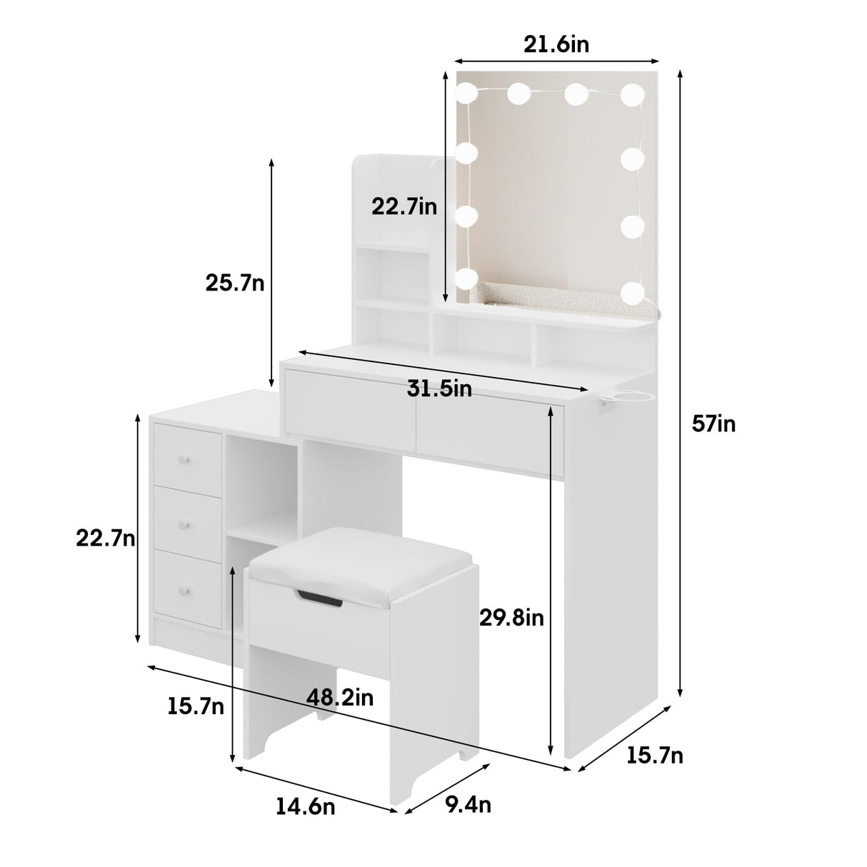 Fameill Makeup Vanity Mirror with Lights, Vanity with stools and Charging Station, LED Lights Makeup Mirror Vanity Set with 5 Drawers and Lots Storage Shelves for Women and Girls, White Fameill