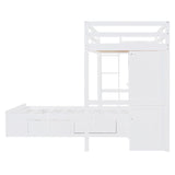 Merax Twin Bunk Bed with Drawers, Wood Twin Over Twin Bunk Bed with Wardrobe, Storage Shelves and Hydraulic Bed, White Merax