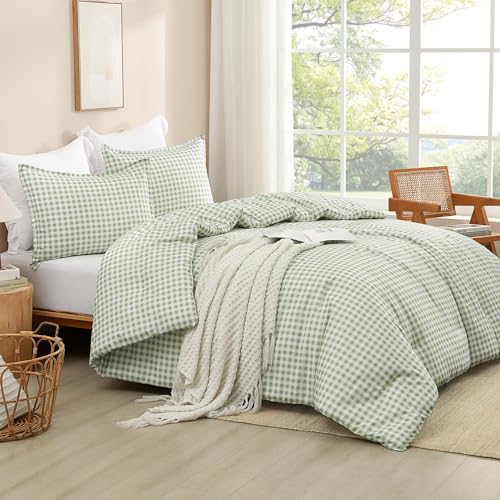 Andency Sage Gingham Comforter Set Full(79x90Inch), Green Checkered Grid Plaid Buffalo Bed Set for Girls Boys Kids Teens, 3 Pieces Lightweight Microfiber Geometric Preppy Bedding Andency