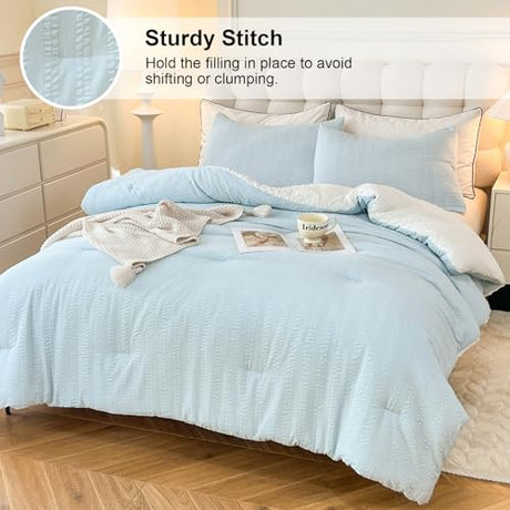 tohrisa Boho Comforter Set Full Size Striped Pleats Bohemian Seersucker Bedding Set All Season Soft Cozy 3 Pieces Quilt with 2 Pillowcases(80"X90" Light Blue) tohrisa