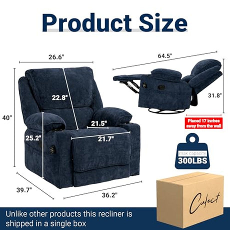Culect 360° Swivel Rocker Recliner Multi-Functional Nursing Chair with Heating Massage, Manual Recliner Chair with Cup Holders, Lazyboy Recliner Chair for Living Room, Bedroom, Navy Blue Culect