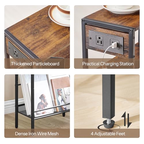 HOOBRO 15.7" Narrow Console Table with Charging Station, 3 Tier Entryway Table for Small Space, Behind Couch Table, Sofa Table, for Entryway, Hallway, Living Room, Rustic Brown and Black BF42UXG01 HOOBRO