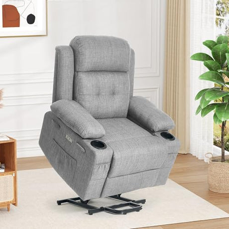 BETISEF Power Lift Recliner Chair for Elderly with Massage & Heat,Linen-Cotton, Electric Recliner with USB Ports, Cup Holders, Side Pockets, Lift Chair for Living Room, Bedroom BETISEF