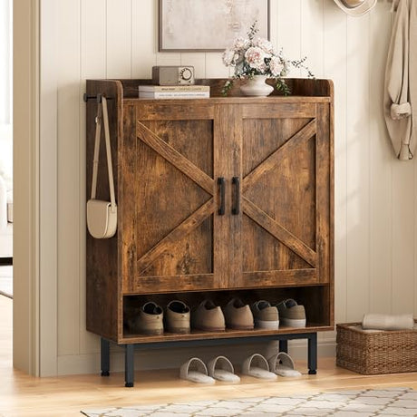 Yaheetech Shoe Storage Cabinet with Doors, Farmhouse Shoe Cabinet with 2 Adjustable Shelves and 4 Side Hooks, Wooden Shoe Rack Organizer Cabinet for Entryway, Foyer, Hallway, Rustic Brown Yaheetech