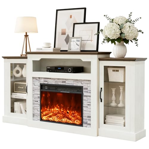 70-inch Electric Fireplace with Mantel, Fireplace TV Stand, Farmhouse Style Console Height Wooden Entertainment Center with Storage,4800 BTU 60-99°F Heating for Living Room,Bedroom TRONLEE