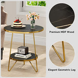 Tribesigns Faux Marble End Table, 2 Tier Round Side Table with Shelves, Modern Black Nightstand Bedside Table Small Coffee Accent Table for Living Room Bedroom, Black and Gold Tribesigns