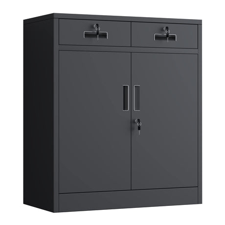 JINGUR Metal Storage Cabinet with Locking Doors and 2 Drawers, Lockable Storage Cabinets with Adjustable Shelf for Home Office and Garage (Black) JINGUR