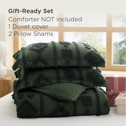 Bedsure Boho Duvet Cover Queen Size - Dark Green Tufted Boho Bedding, Farmhouse Shabby Chic Embroidery Bedding for All Seasons, 3 Pieces, 1 Soft Jacquard Queen Comforter Cover and 2 Pillow Shams Bedsure