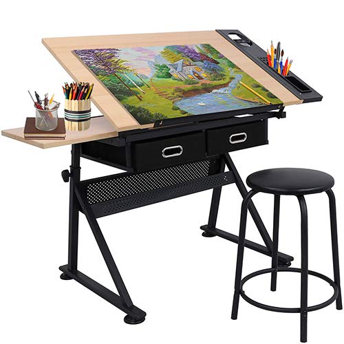 HomGarden Height Adjustable Drafting Desk Drawing Table Art Craft Work Station w/Stool, Storage Drawers for Drawing, Reading, Writing HomGarden