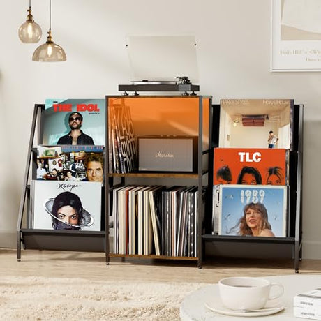 ZIFTY Record Player Stand Vinyl Storage with 6-Tier Display Holder LED Light Turntable Stand for 300 Albums Media Shelf Cabinet Stereo Cabinet Console for Vinyl Enthusiast Livingroom, Bedroom ZIFTY