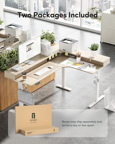 FEZIBO L Shaped Electric Standing Desk, 63 x 48inch Large with Drawers | Reversible Tabletop, 2 Memory Height Settings | Home Office & Gaming Height-Adjustable Table, Light Walnut （2 Packages） FEZIBO