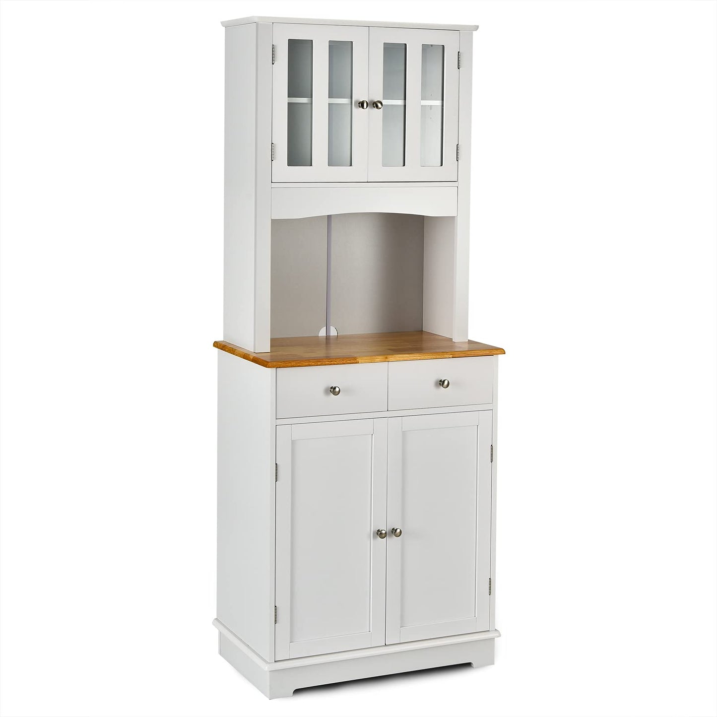 Giantex 67" Pantry Organizers and Storage, Tall Kitchen Cupboard with Drawers & Storage Cabinet, Freestanding Wooden Microwave Station with Glass Doors & Shelves, Buffet Hutch, White