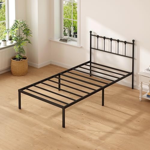 Kujielan Twin Size Bed Frame with Modern Headboard, Metal Platform Bed Base with Strong Support, No Box Spring Needed, Easy Assembly, Noise Free，Black Kujielan