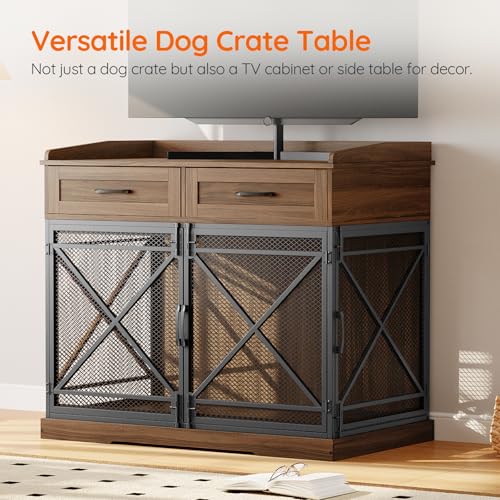 HOOBRO Heavy Duty Dog Crate Furniture, 39.4” Dog Kennel with Drawers, Wooden Dog Cage Indoor Side End Table for Medium Large Dogs, Triple Door Design, Walnut and Black WL106GW03 HOOBRO