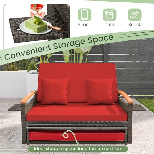 Tangkula Patio Rattan Daybed with 4-Level Adjustable Backrest, Outdoor Wicker Loveseat with Acacia Wood Armrest, Storage Ottoman & Folding Tray, Double Sunbed for Balcony, Backyard & Poolside, Red Tangkula