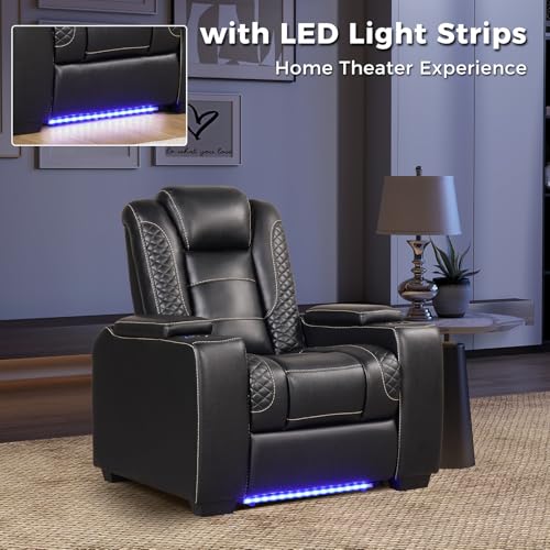 EBELLO Power Home Theater Seating, Electric Gaming Recliner Chair with Adjustable Headrest, Faux Leather Movie Reclining Chairs with Cup Holders LED Lights,USB Port,Hidden Arm Storage, Black
