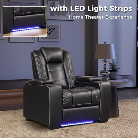 EBELLO Power Home Theater Seating, Electric Gaming Recliner Chair with Adjustable Headrest, Faux Leather Movie Reclining Chairs with Cup Holders LED Lights,USB Port,Hidden Arm Storage, Black EBELLO
