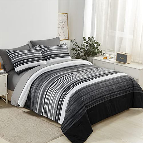 KAKIJUMN 7 Piece Bed in a Bag Stripe Comforter Set Full Size, White Grey Black Patchwork Striped Comforter and Sheet Set, All Season Soft Microfiber Complete Bedding Sets(Grey,Full) KAKIJUMN