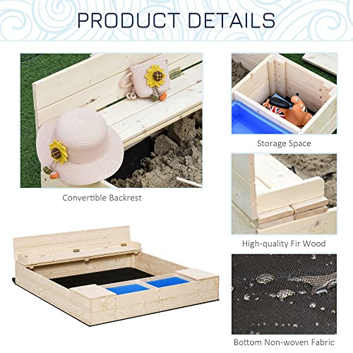 Outsunny Kids Wooden Sandbox w/Two Plastic Boxes Foldable Bench Seat Waterproof Cover Bottom Liner Storage Space