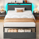 Rolanstar Twin Bed Frame with Ergonomic Headboard Storage & Charging Station, Upholstered Platform Bed with LED Light & Drawer, Heavy Duty Metal Slats, Noise Free, No Box Spring Needed, Grey Rolanstar