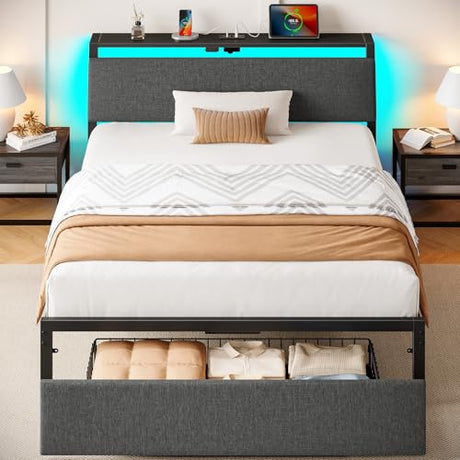 Rolanstar Twin Bed Frame with Ergonomic Headboard Storage & Charging Station, Upholstered Platform Bed with LED Light & Drawer, Heavy Duty Metal Slats, Noise Free, No Box Spring Needed, Grey Rolanstar