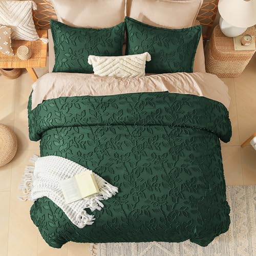 Litanika Queen Size Comforter Set Emerald Green, 3 Piece Dark Green Boho Tufted Bedding, Forest Green Fluffy Farmhouse Bed Set for All Season with 2 Leaf Pattern Pillowcases（90x90In）