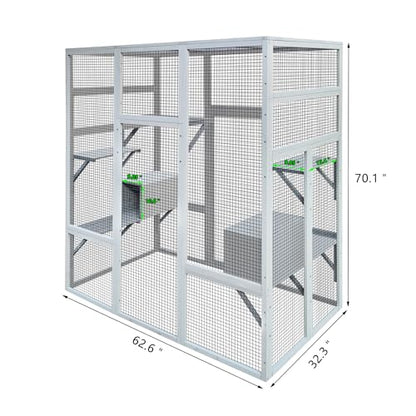 62.6" L x 32.3" W x 70.1" H Outdoor Wooden Cat House Large Catio, Solid Wood Cat Cage Shelter Enclosure Playpen with Anti-UV& Waterproof, 7 Platforms and 2 Resting Boxes - WoodArtSupply