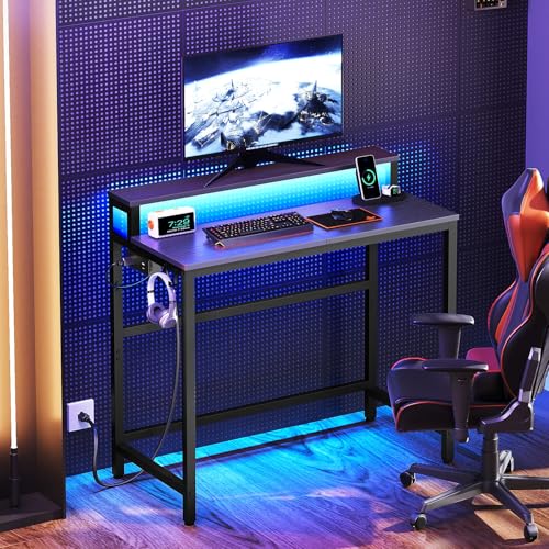 YATINEY Small Computer Desk with Charging Station and LED Lights, Gaming Desk with Monitor Stand, 2-Tier Home Office Desk with 4 Side Hooks, for Living Room, Home Office, Black DN01UDBBY2 YATINEY