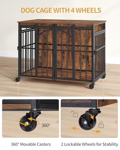 Hzuaneri 37.4" Dog Crate Furniture with Wheels, Wooden Pet Cage Indoor with Barn Door, L Dog Kennel Heavy Duty, Decorative Pet Crate for Small/Medium Dogs, End Table TV Stand, Rustic Brown DFC86201B Hzuaneri