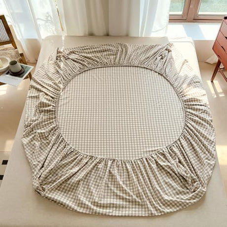 Tan Gingham Fitted Sheet Queen 100% Washed Cotton Taupe Plaid Queen Bed Sheet Grid Single Bottom Sheet with 15" Deep Pocket Gingham Bedding Grid Sheet 1 Piece Cotton Breathable Mattress Cover LifeTB