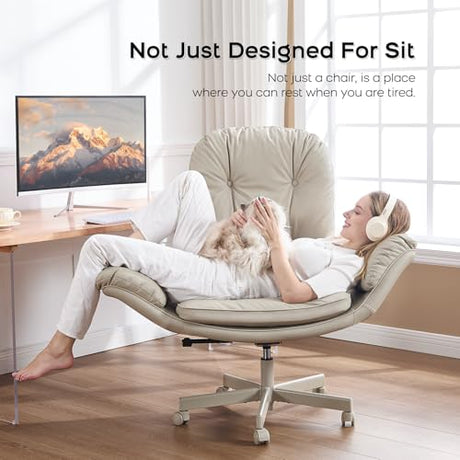 amseatec Criss Cross Chair with Armrests & Wheels for Cross-Legged Sitting, Comfortable Adjustable Swivel Office Desk Chair –PU Leather Vanity Chair for Home, Makeup and Bedroom (Cream) amseatec