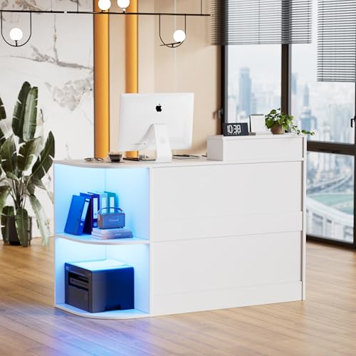 Modern Reception Desk with LED Light and Open Shelves, Front Desk with Lockable Drawers & Keyboard Tray,Reception Counter Table with Storage for Checkout, Office, Lobby, Nail Salon Spa (C.White) SDMY