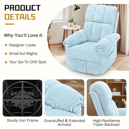 Korser Recliner Chair, Swivel Rocker Recliner Chair for Adults, Small Recliners for Small Spaces, Manual Recliner with Side Pockets, Upholstered Nursery Rocking Chair for Living Room, Chenille, Blue