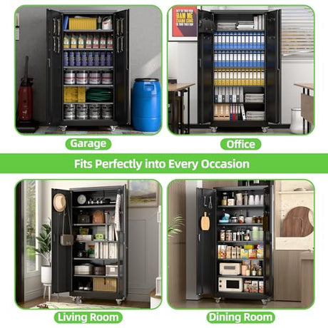 JAORD Garage Storage Cabinet with Wheels and Pegboard, Lockable Metal Storage Cabinet with 5 Adjustable Shelves and 4 Hooks for Garage,Warehouse, Assembly Required, Black, 71" H x 34" W x 18" D JAORD